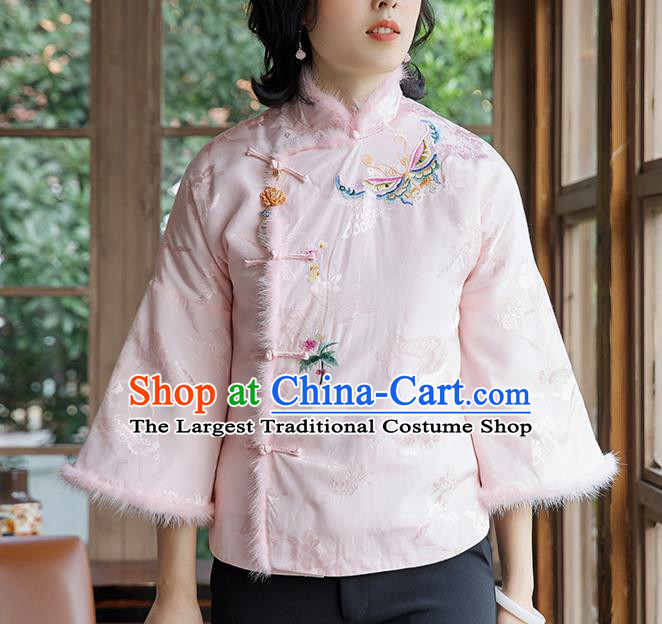 Chinese National Clothing Traditional Women Outer Garment Embroidered Pink Cotton Padded Jacket