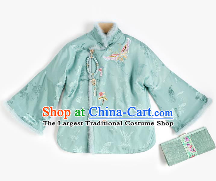 Chinese Embroidered Green Cotton Padded Jacket National Clothing Traditional Women Outer Garment