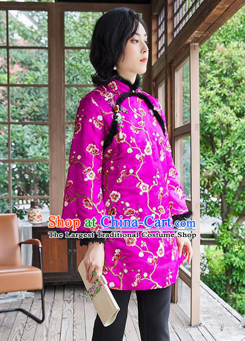 Chinese National Women Silk Outer Garment Traditional Costume Embroidered Plum Blossom Purple Cotton Padded Jacket