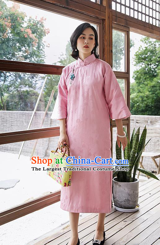 China Traditional Women Pink Cheongsam National Clothing Classical Winter Cotton Padded Qipao Dress