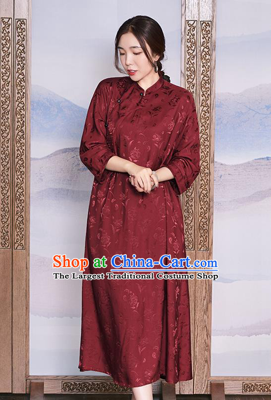 Women Classical Cheongsam Republic of China Wine Red Qipao Dress Traditional National Clothing