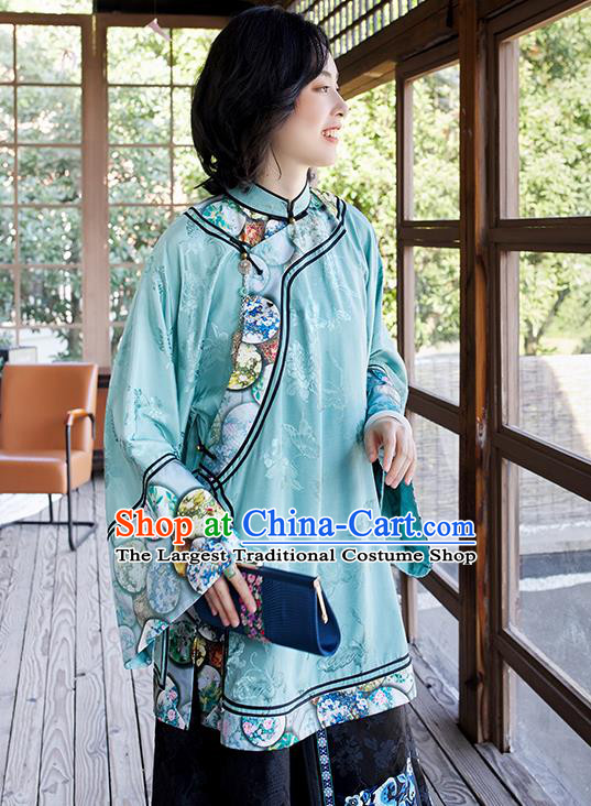 Chinese Tang Suit Embroidered Blue Blouse Qing Dynasty Women Outer Garment Traditional Court Costume