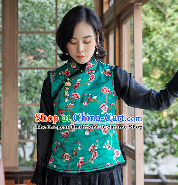 China Traditional Women Qipao Upper Outer Garment National Clothing Classical Cheongsam Silk Waistcoat Embroidered Plum Green Vest