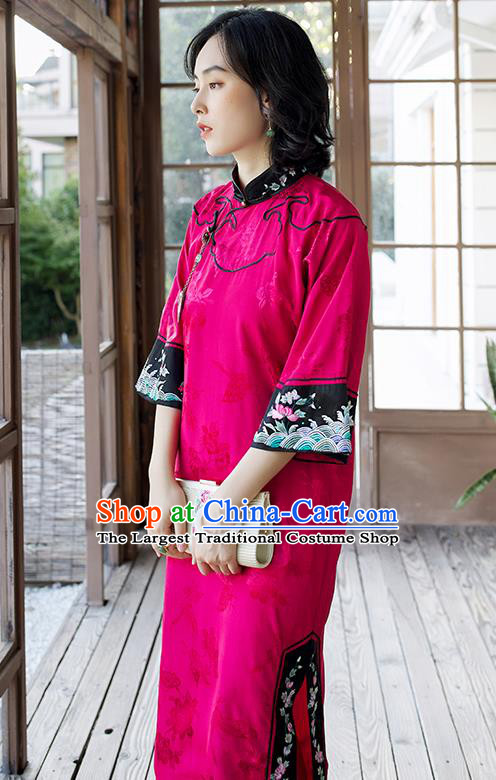 China Embroidered Magenta Silk Qipao Women Classical Long Cheongsam Traditional Dress Clothing