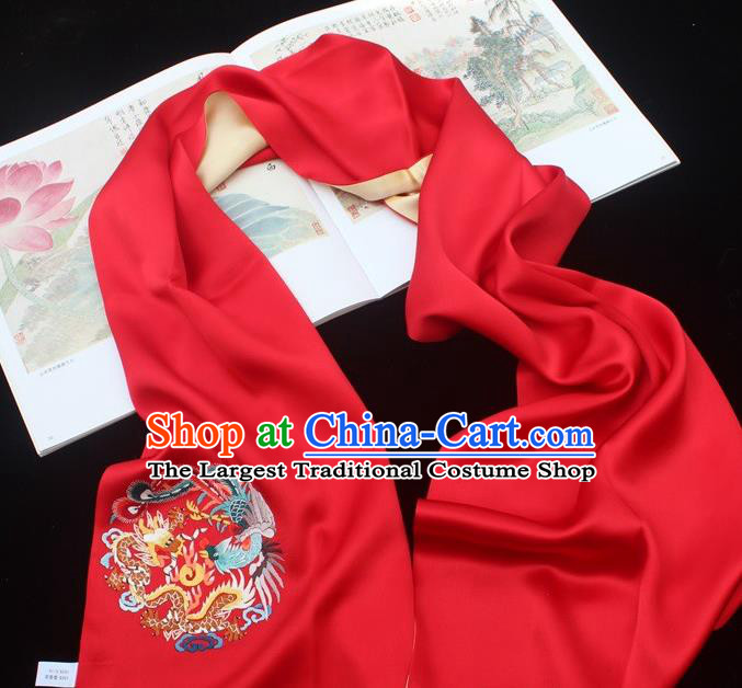 China Handmade Red Silk Scarf Traditional Cheongsam Embroidered Phoenix Tippet