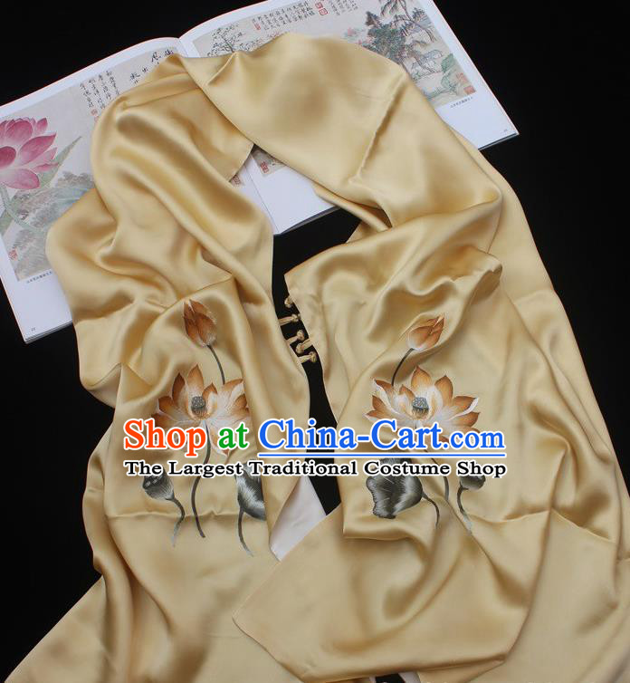 China Traditional Cheongsam Embroidered Lotus Tippet Handmade Yellow Silk Scarf