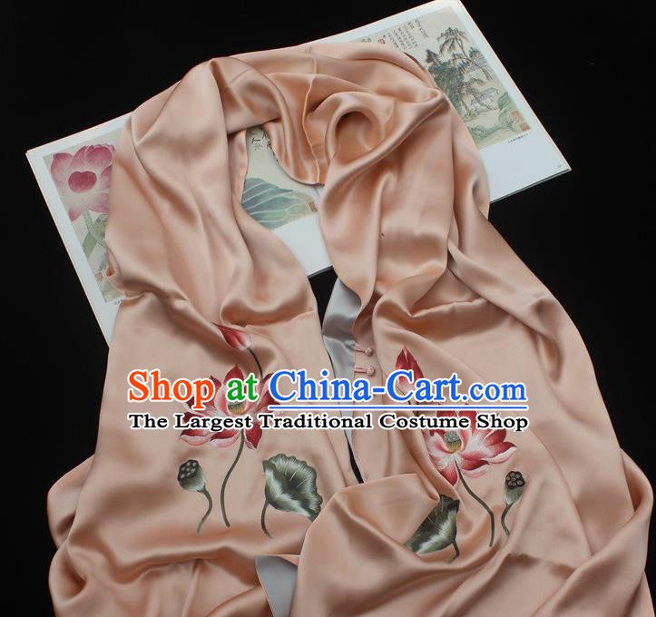 China Embroidered Lotus Tippet Traditional Cheongsam Accessories Handmade Orange Silk Scarf