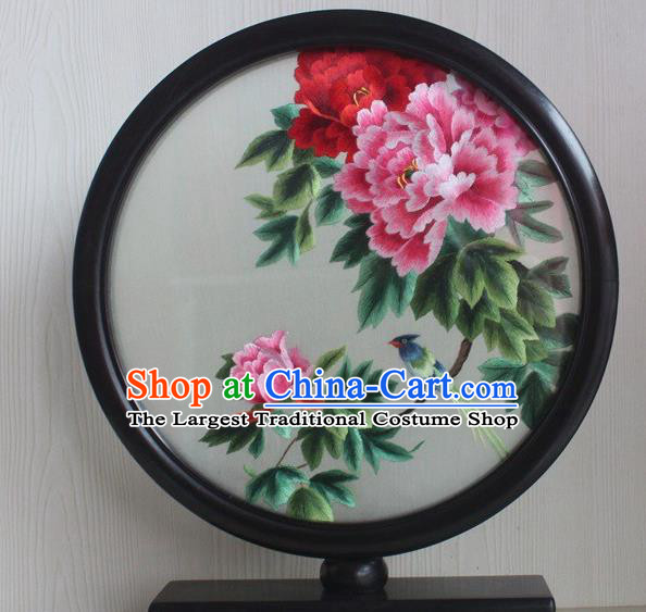 China Traditional Embroidery Peony Round Desk Screen Rosewood Table Decoration Handmade Craft