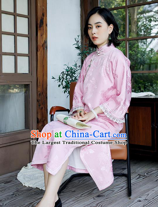 China Women Clothing Wide Sleeve Cheongsam Traditional Embroidered Pink Qipao Classical Chrysanthemum Pattern Dress