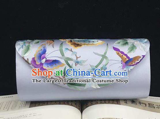 China Handmade Suzhou Embroidery Orchids Handbag Traditional National Light Blue Silk Clutch Bag Chain Bag