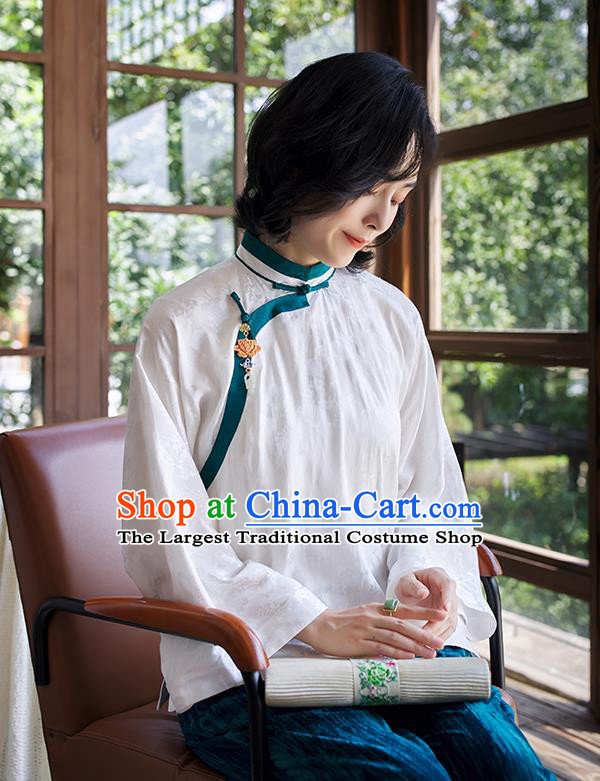 Chinese Tang Suit White Blouse Women Upper Outer Garment Traditional Costume Shirt