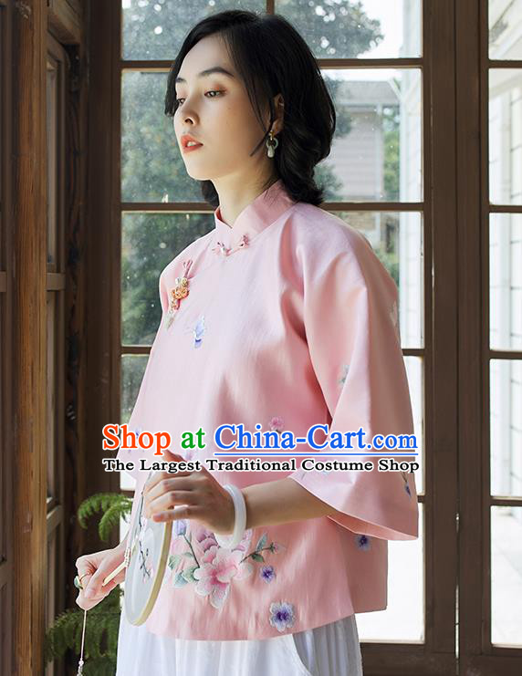 Chinese Traditional Embroidered Pink Shirt Tang Suit Blouse Women Upper Outer Garment Costume