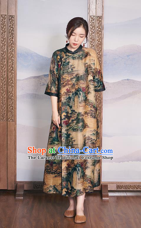 China Women Ginger Silk Cheongsam National Clothing Traditional Classical Printing Qipao Dress