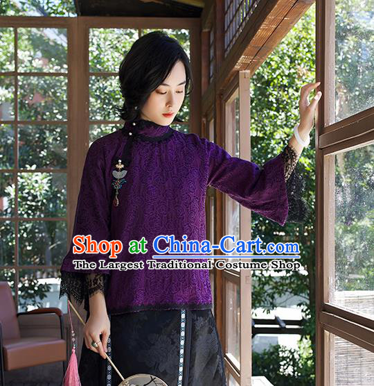 Chinese Traditional Purple Lace Blouse Costume Jacquard Shirt Tang Suit Upper Outer Garment