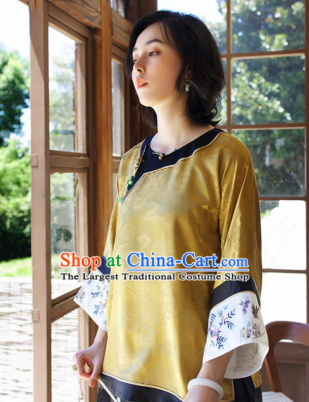 Chinese Tang Suit Shirt Upper Outer Garment Embroidered Yellow Silk Blouse Traditional Qing Dynasty Costume