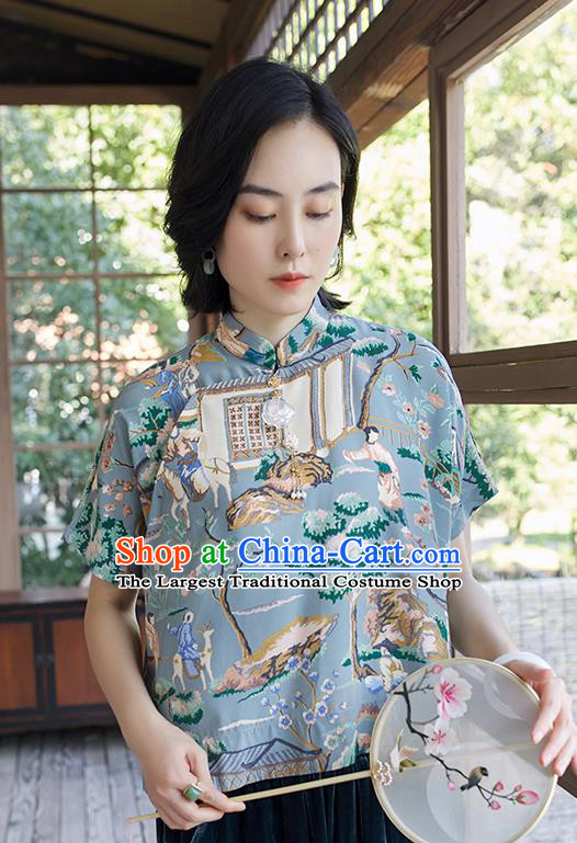 Chinese Tang Suit Upper Outer Garment Traditional Costume Printing Blue Blouse