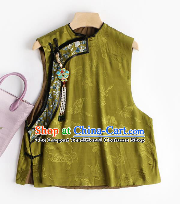 Chinese Traditional Waistcoat Costume Qing Dynasty Olive Green Vest Tang Suit Upper Outer Garment