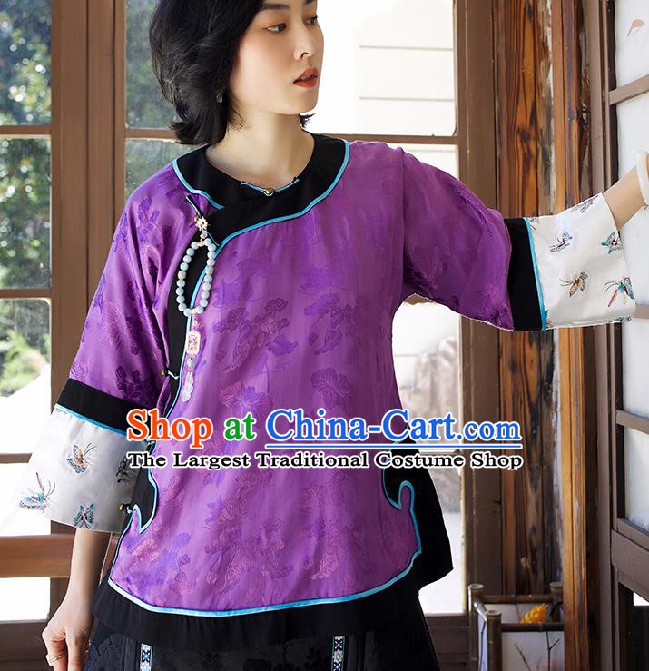 Chinese Traditional Embroidered Costume Tang Suit Blouse Upper Outer Garment Qing Dynasty Classical Purple Silk Shirt