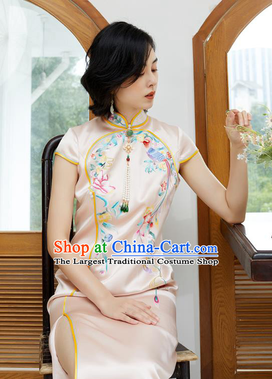 China National Women Clothing Traditional Classical Qipao Dress Embroidered Phoenix Pink Silk Cheongsam