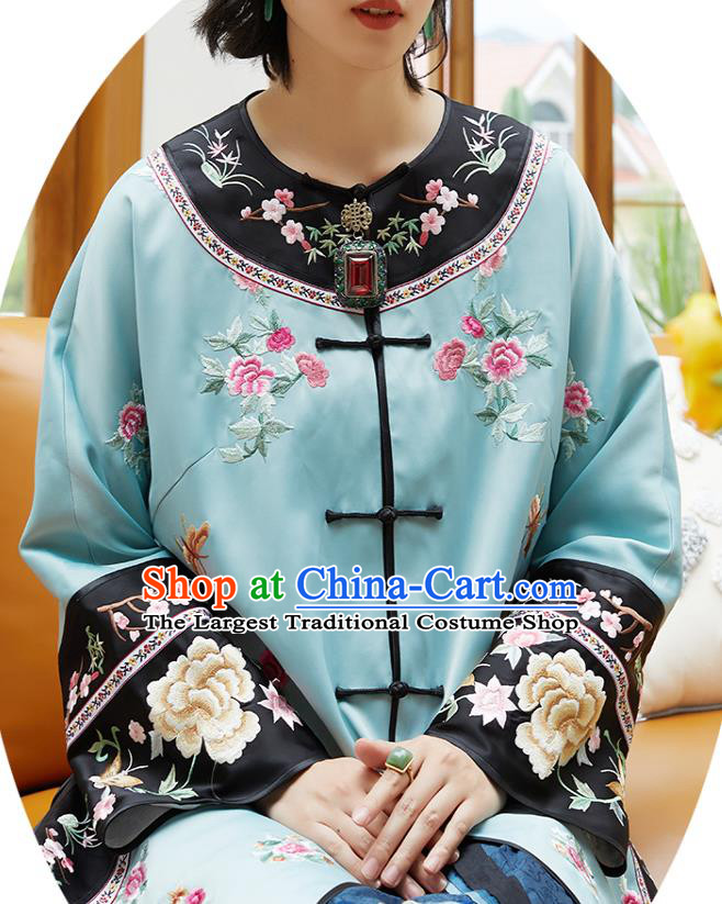 Chinese Classical Embroidered Blue Silk Blouse Tang Suit Costume Traditional Qing Dynasty Women Shirt