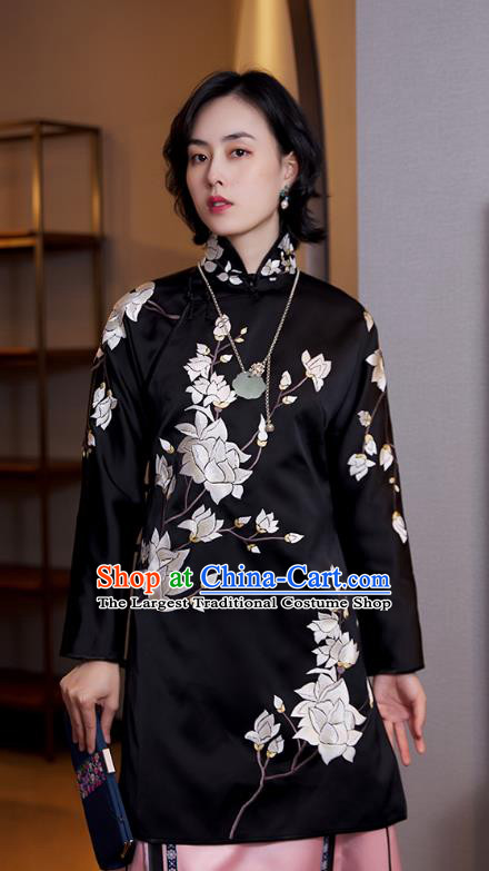 Chinese Black Satin Shirt Tang Suit Upper Outer Garment Traditional Costume Embroidered Mangnolia Blouse