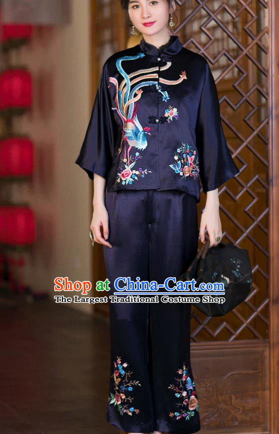 Chinese Traditional Costume Embroidered Phoenix Blouse Tang Suit Navy Satin Shirt Upper Outer Garment