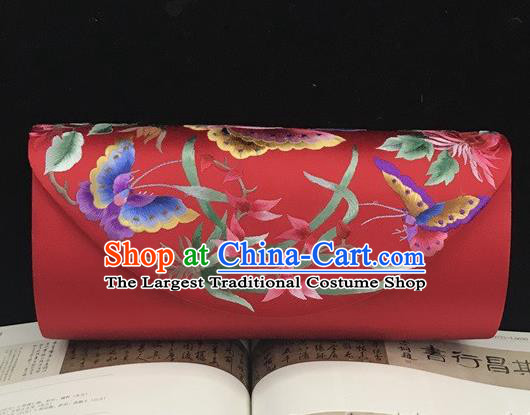 China Evening Bag National Red Silk Clutch Bag Handmade Suzhou Embroidery Orchids Handbag