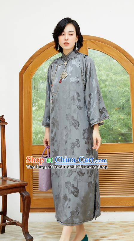 Republic of China National Women Clothing Traditional Classical Qipao Dress Grey Silk Cheongsam