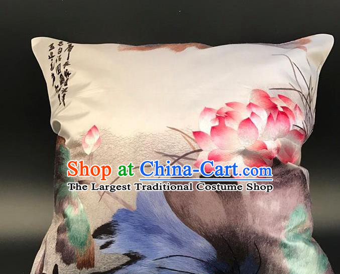 China Traditional Embroidered Lotus Beige Silk Pillowslip Suzhou Embroidery Cushion Cover