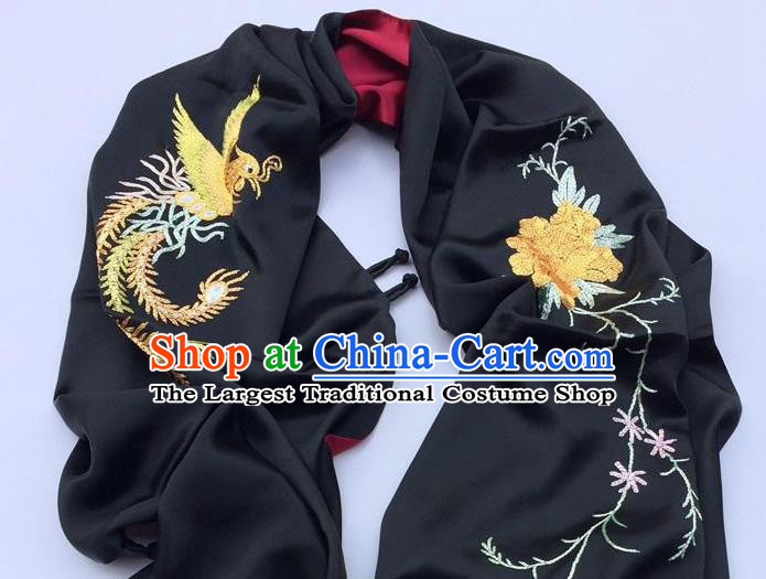 China Women Tippet Embroidery Phoenix Peony Black Silk Scarf Traditional Cheongsam Accessories