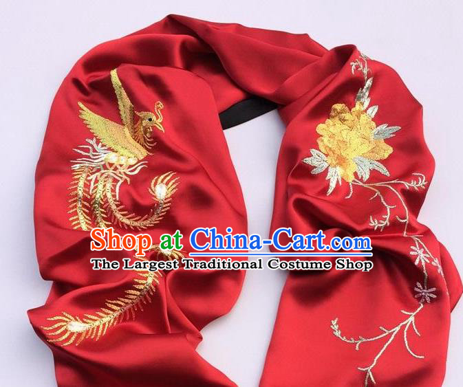 China Embroidery Phoenix Peony Red Silk Scarf Traditional Cheongsam Accessories Women Tippet