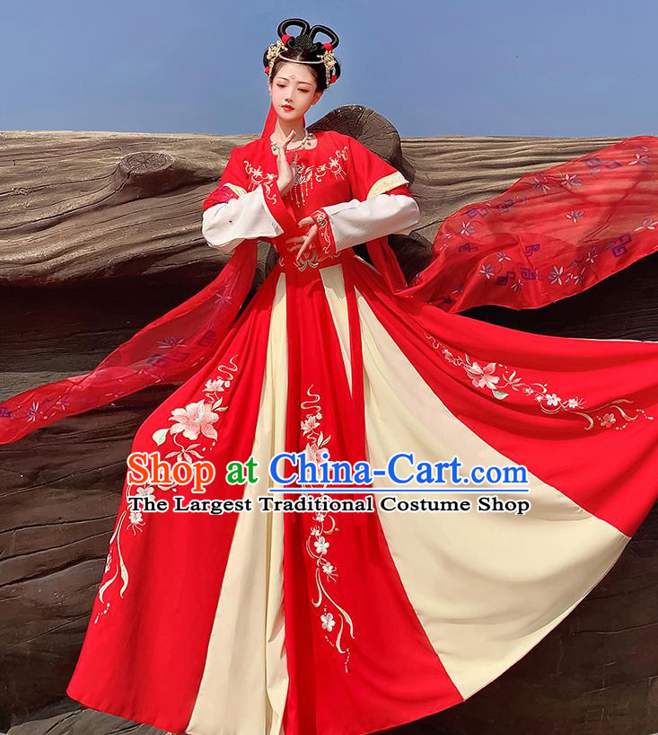 Traditional China Tang Dynasty Historical Costumes Ancient Court Princess Red Hanfu Dress Clothing