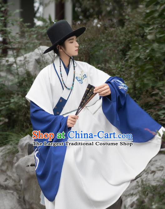 Chinese Ming Dynasty Scholar Historical Costumes Traditional Ancient Taoist Priest Hanfu Apparels Embroidered White Vest and Blue Robe