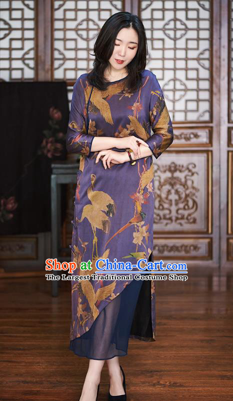 Republic of China Traditional Classical Qipao Dress National Women Clothing Printing Crane Purple Silk Cheongsam