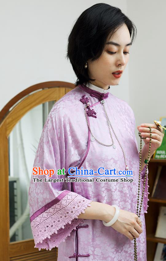 Republic of China Lilac Silk Cheongsam Traditional Classical Qipao Dress National Women Clothing