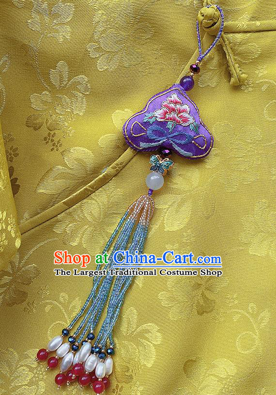 China Traditional Accessories Embroidered Purple Silk Brooch Classical Cheongsam Pearls Tassel Pendant