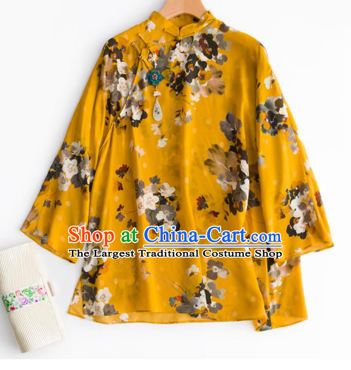 Chinese Traditional Printing Yellow Blouse Tang Suit Upper Outer Garment Classical Shirt