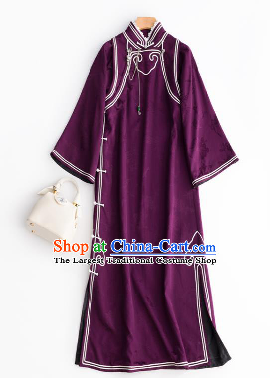 China Traditional Purple Satin Cheongsam National Women Clothing Classical Retro Qipao Dress