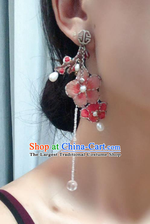 China Traditional Hanfu Embroidered Plum Blossom Earrings Tassel Ear Accessories