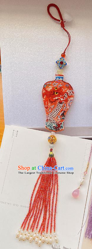 China Classical Cheongsam Red Beads Tassel Pendant Accessories Traditional Embroidered Brooch