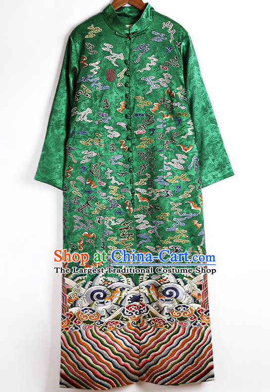 Chinese Tang Suit Embroidered Green Brocade Dust Coat National Outer Garment Costume