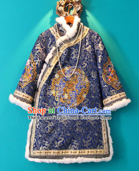 Chinese Tang Suit Royalblue Cotton Padded Jacket Embroidered Coat National Outer Garment