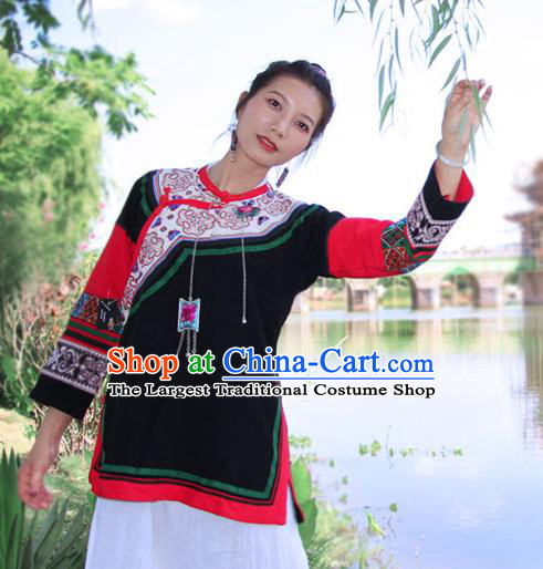 Chinese Embroidered Black Flax Jacket Tang Suit Outer Garment Yunnan National Costume