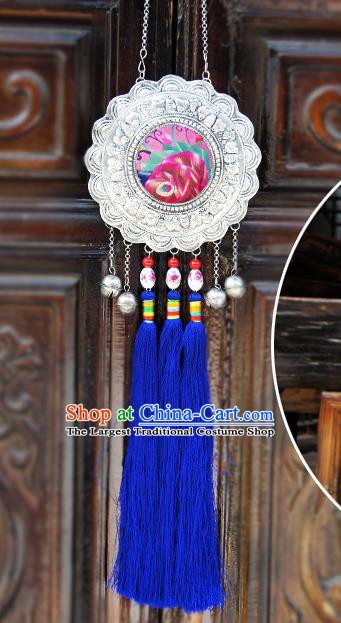 China Silver Jewelry Handmade National Embroidered Necklace Ethnic Women Royalblue Tassel Necklet Accessories