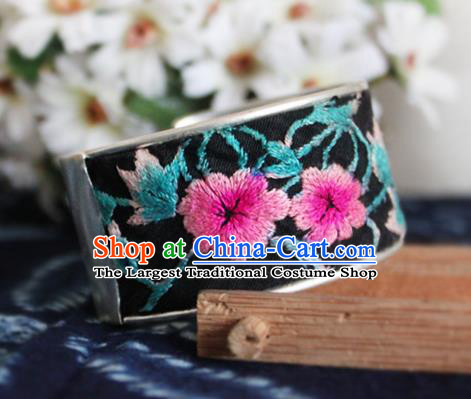 China Handmade National Embroidered Bracelet Ethnic Women Accessories Silver Bells Tassel Bangle