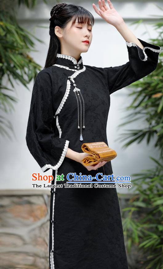 China Tang Suit Black Flax Cheongsam National Qipao Traditional Women Classical Dress Clothing