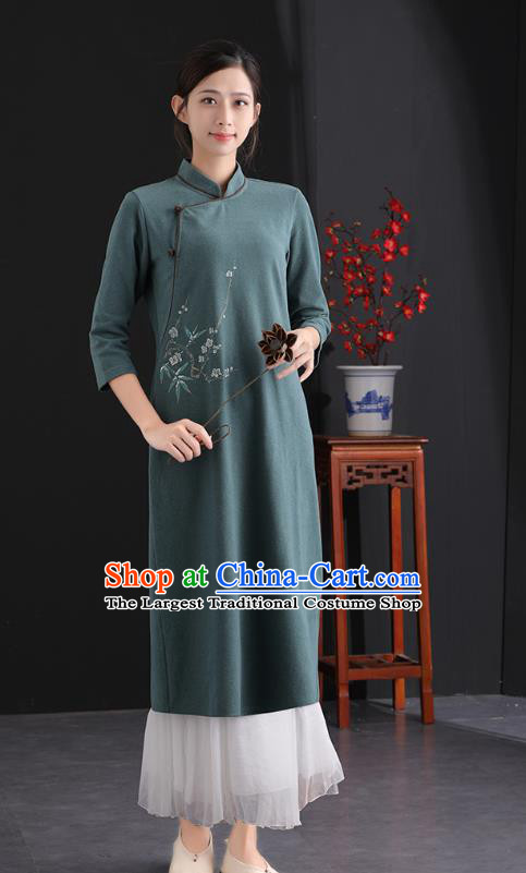 China National Qipao Traditional Women Classical Dress Clothing Tang Suit Dark Green Cheongsam