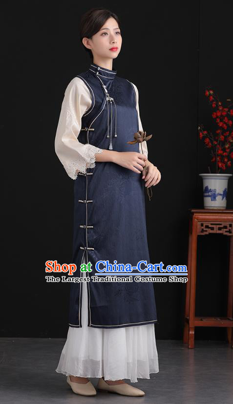 China Tang Suit National Qipao Clothing Traditional Women Classical Dress Navy Silk Cheongsam