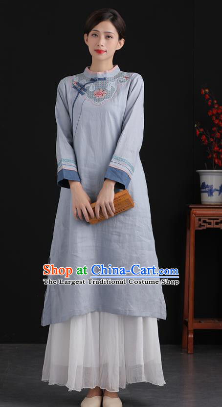 Top China Embroidered Blue Flax Cheongsam Clothing Traditional Women Classical Dress Tang Suit National Qipao