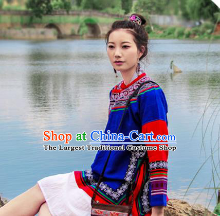 Chinese Tang Suit Upper Outer Garment Yunnan National Costume Embroidered Royalblue Flax Jacket